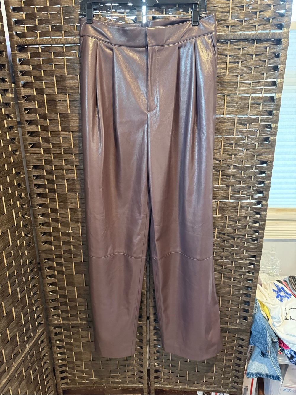 NWT SZ 6 Hugo Boss Wide-Leg Faux Leather Pants in Dark Brown